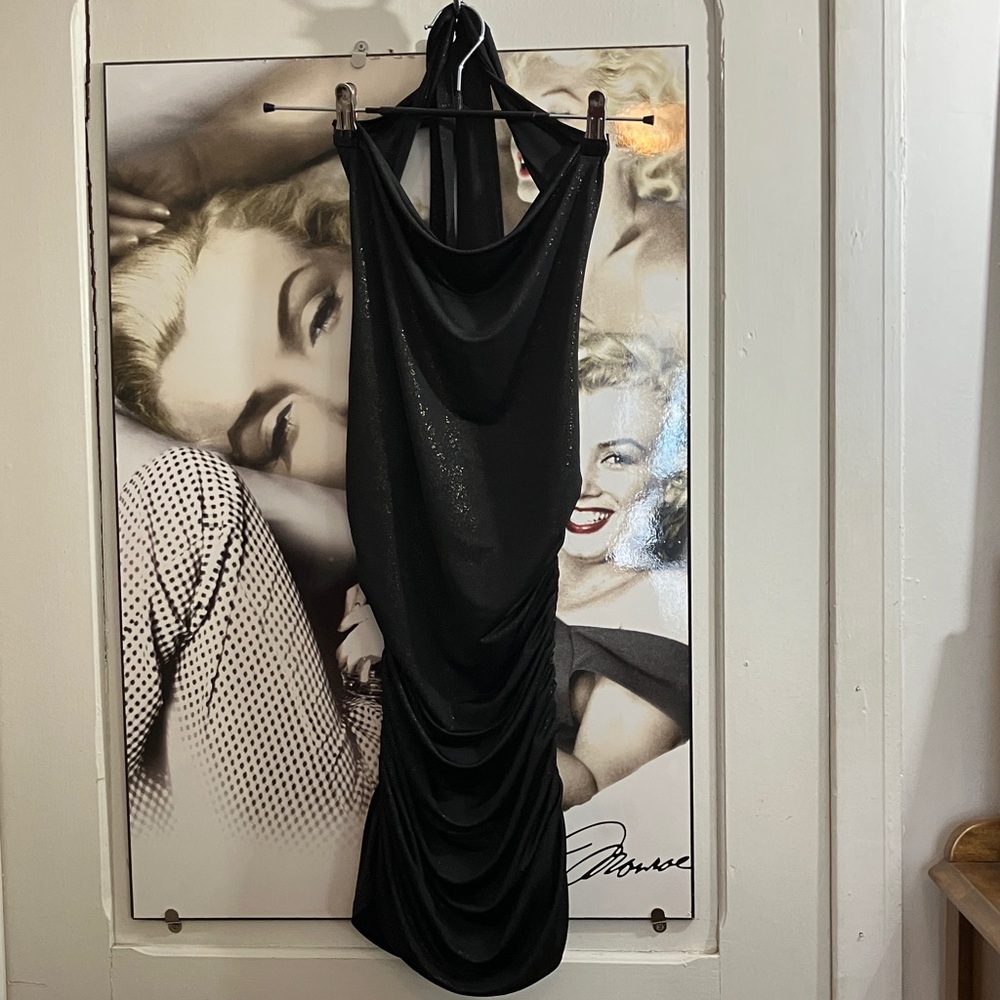 3/30$Le Chateau Black Backless Dress Cowl neck gold sparkle